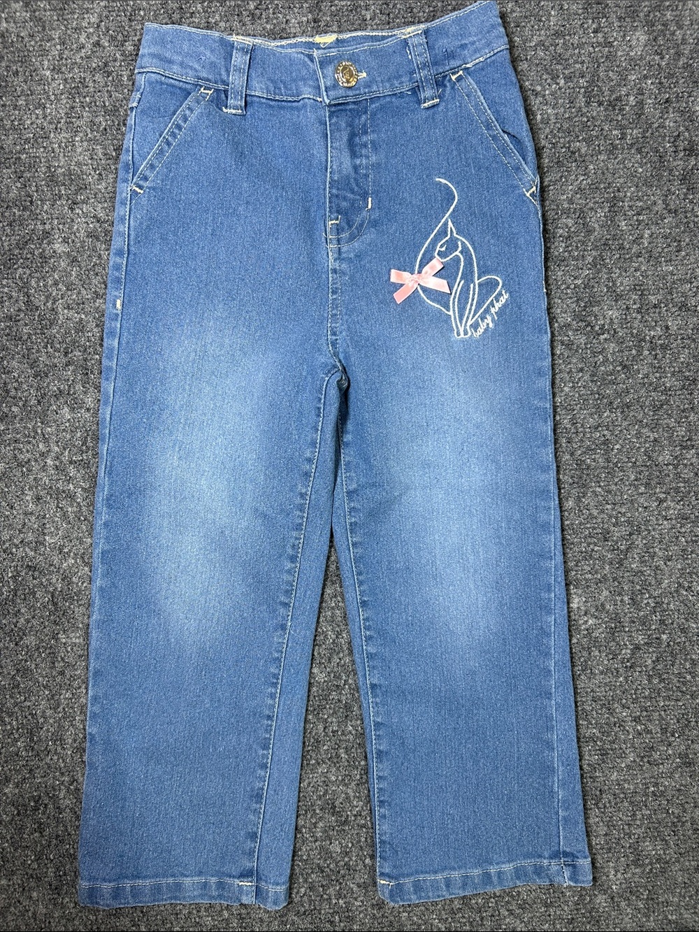 Baby Phat Light Blue Denim Jeans with Cat Embroidery and Pink Bow Toddler Size 4